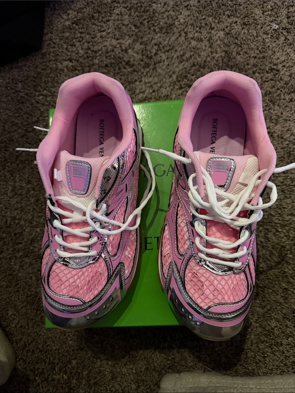 Bottega Veneta Kids Pink Mesh and Silver Accent Sneakers